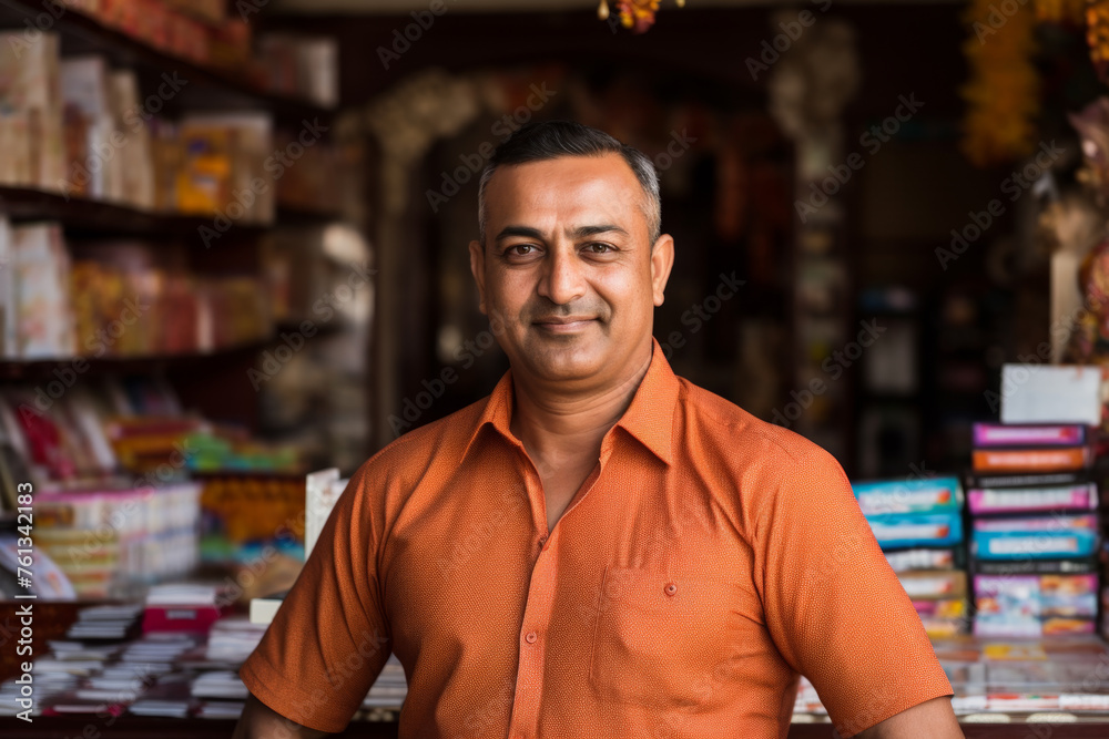 Man in orange shirt stands in front of book store Man in orange shirt stands in front of book store