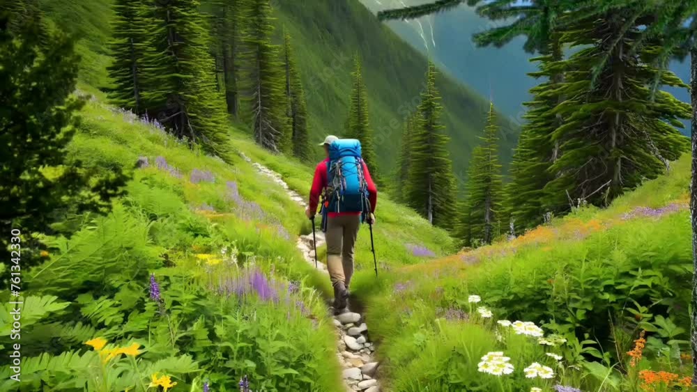 Hiker in the forest. Seamless looping time-lapse 4k video animation background