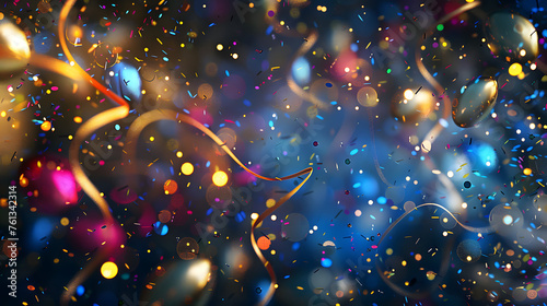 vibrant party background teeming with colorful lights, swirling confetti, buoyant balloons, and festive serpentine decorations, igniting the atmosphere with joy and celebration 