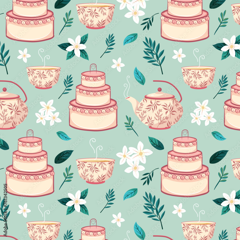 Pink teapot, cake and cup seamless repeat pattern print background