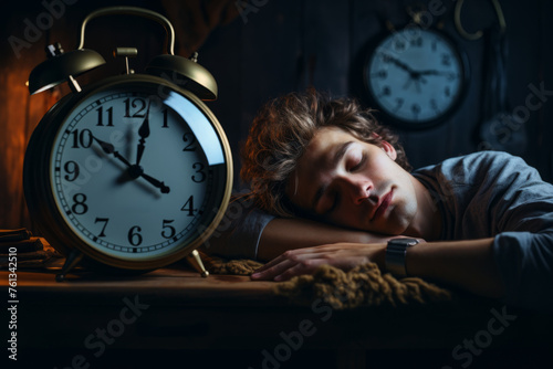 Man is sleeping next to clock that reads 11:30