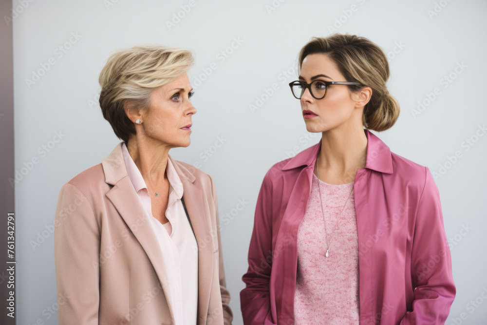 Two women are standing next to each other, one wearing pink jacket Two women are standing next to each other, one wearing pink jacket