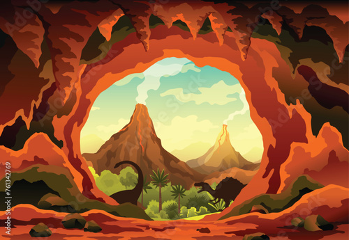 Cave landscape. Summer nature scene of cave entrance. Prehistoric dungeon, rock cavern game illustration. Vector illustration of tunnel in mountain or mine in rocks
