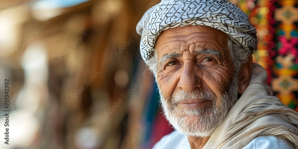 Old Middle Eastern man standing in a traditional village context. Concept Cultural Heritage, Traditional Attire, Village Setting, Elderly Portrait