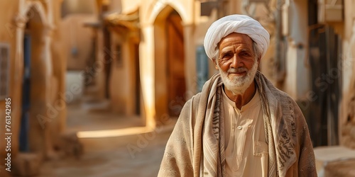 Elderly Middle Eastern man standing in traditional village setting. Concept Cultural portrait, Traditional attire, Village lifestyle, Senior generation, Middle East