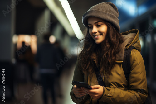 Woman is smiling and holding cell phone in subway station