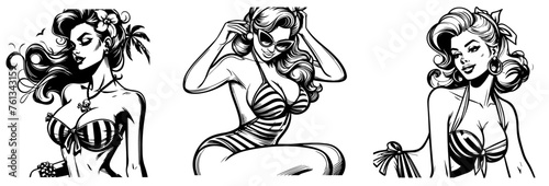 pin-up girls in bikinis retro swimwear fashion black vector