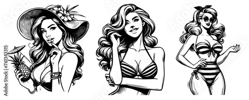 pin-up girls in bikinis, beachside allure, black vector photo