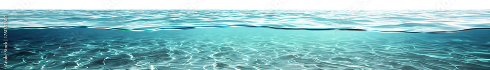 Underwater view with sandy sea bottom and wavy water surface. Realistic graphic style on light background. Ocean concept. Generative AI - obrazy, fototapety, plakaty 
