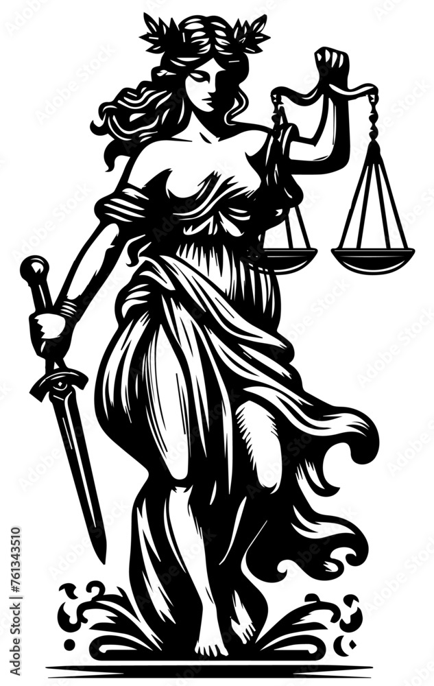 goddess of justice Themis with sword and scales, black vector laser cutting engraving