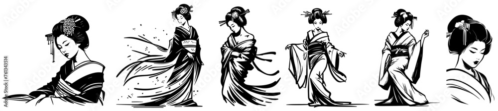 Japanese geisha, traditional elegance, black vecto laser cutting engraving