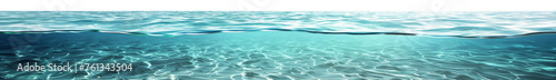 Underwater view with sandy sea bottom and wavy water surface. Realistic graphic style on light background. Ocean concept. Generative AI