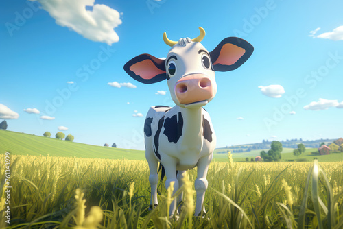 Cartoon cow standing in a vibrant green field under a clear blue sky, exuding a playful farm atmosphere.
