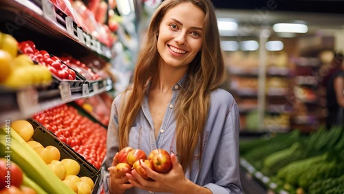 A young woman selects fruits and vegetables department aisle, at at Supermarke. photo