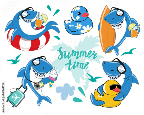 Cute collection with cartoon baby sharks. Summer concept for kids