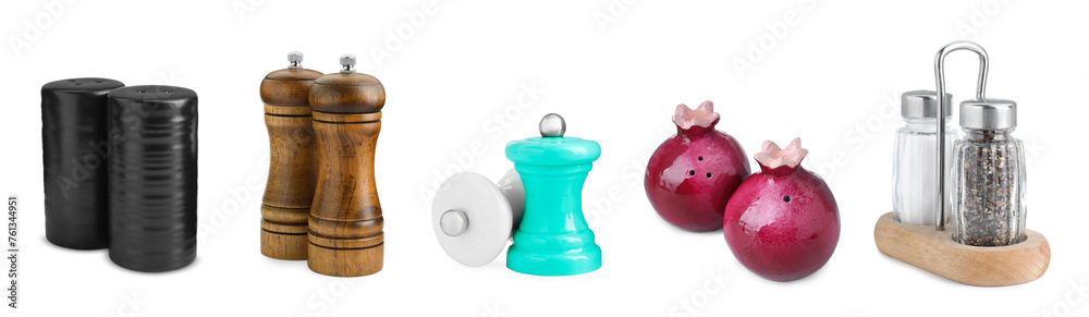 Different salt and pepper shakers isolated on white, set Different salt and pepper shakers isolated on white, set