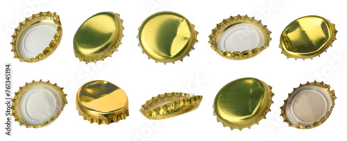 Golden beer bottle caps isolated on white, set