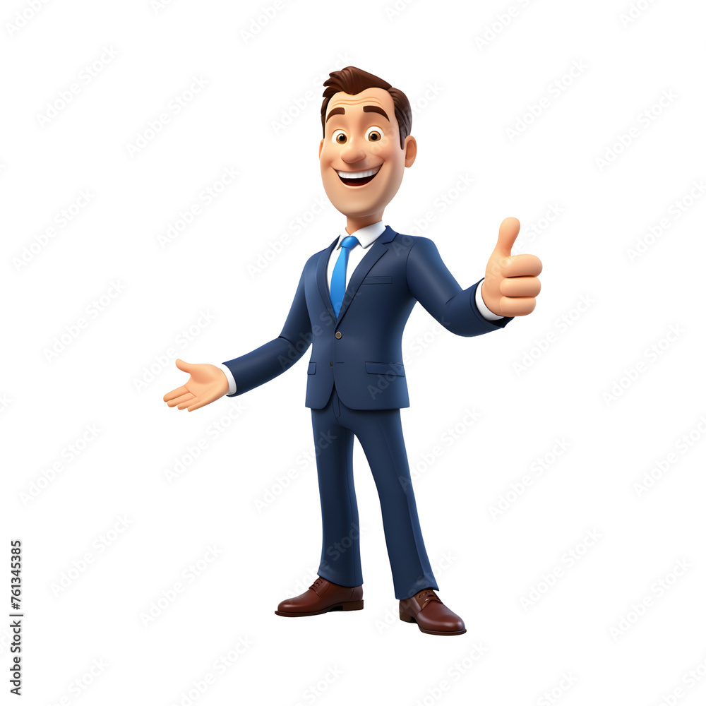 3D happy smiling businessman cartoon on transparent background. Businessman with thumb up