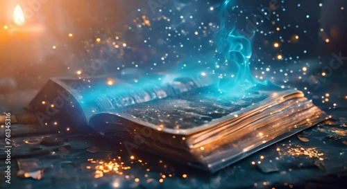 Magical book with glowing pages and floating symbols, photo