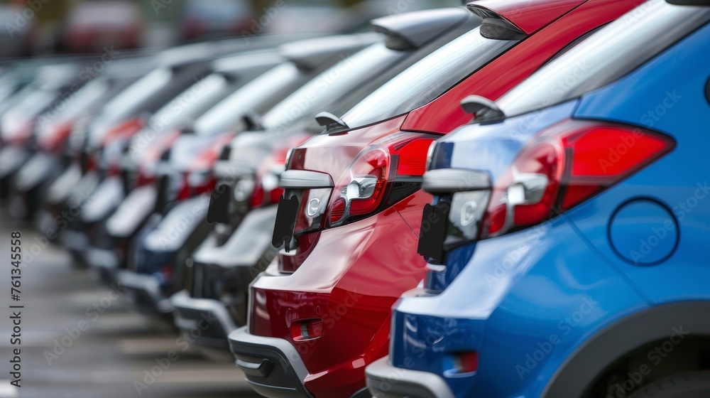 Selection of used cars for sale at a dealership, rows of vehicles ready for purchase - obrazy, fototapety, plakaty 