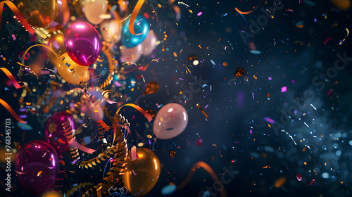 vibrant party background teeming with colorful lights, swirling confetti, buoyant balloons, and festive serpentine decorations, igniting the atmosphere with joy and celebration 