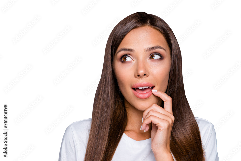 Portrait of brown-haired gorgeous nice curoius young lady showing thinking gesture with finger to lip, opened mouth, over grey background, isolated Portrait of brown-haired gorgeous nice curoius young lady showing thinking gesture with finger to lip, opened mouth, over grey background, isolated