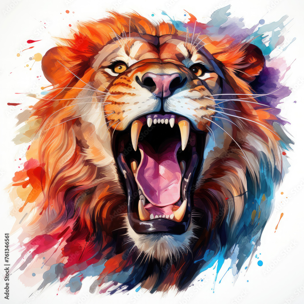 Fototapeta Watercolor Roaring Lion Illustration, Generative Ai