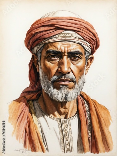 A typical citizen man of umayyad caliphate hand drawn sketch portrait on plain white background from Generative AI photo