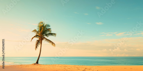 Palm on a sunny tropical sea shore under turquoise sky. Vacation concept. Generative AI