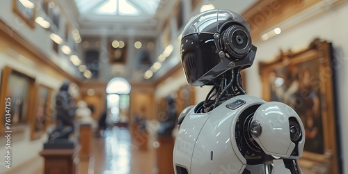 A futuristic android appreciates fine art in a contemporary gallery space. Concept Artificial Intelligence, Technology, Fine Art, Contemporary Gallery, Futuristic Android © Anastasiia