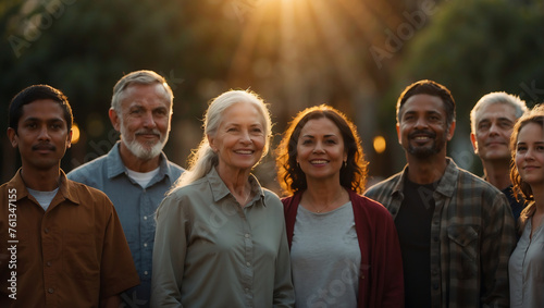 Vielfalt und Gemeinschaft: Gruppe lächelnder Menschen im Sonnenlicht