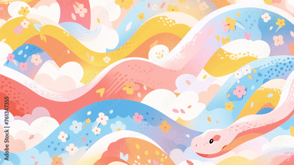  2025 Chinese New Year of Snake Template Background Cute Illustration in Rainbow Color Tone with Copy Space Lunar Calendar Design Happy Prosperous CNY 16:9