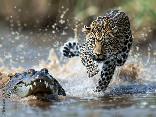 African animals illustration. Leopard attacks crocodile in the river. Life of wild animals.