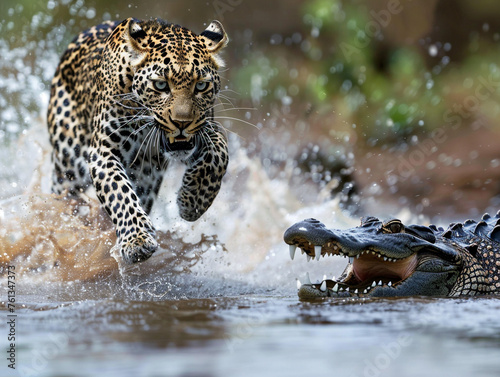 African animals illustration. Leopard attacks crocodile in the river. Life of wild animals.