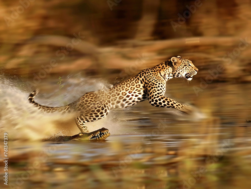 African animals illustration. Leopard attacks crocodile in the river. Life of wild animals.