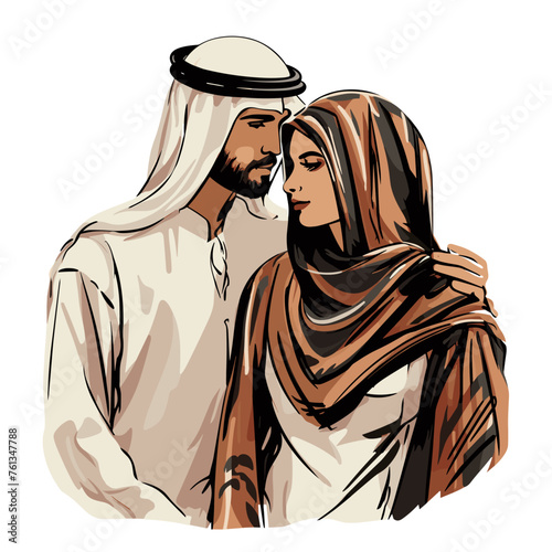 Arabian couple hand-drawn comic illustration. Arab couple. Vector doodle style cartoon illustration
