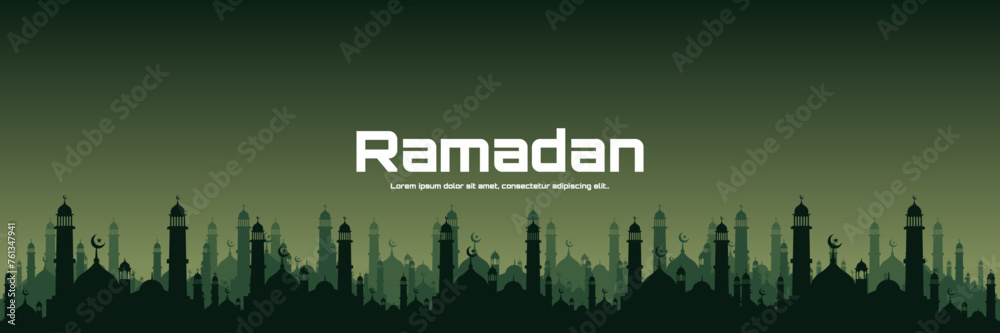 Ramadan night sky vector illustration with mosque silhouette ramadan good for web banner, ads banner, booklet, wallpaper, background template, and advertising