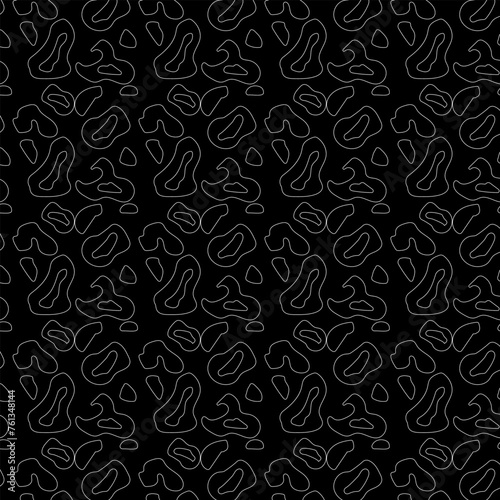 Set of funny and primitive designs of abstract shapes. Seamless white pattern on a black background. Creative collection of abstract art for kids or holiday design