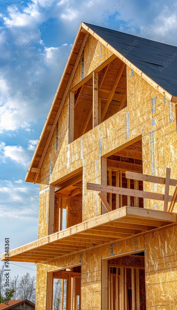 Residential wood frame construction of new home against blue sky with space for text Residential wood frame construction of new home against blue sky with space for text