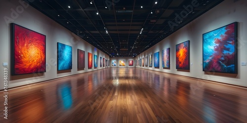 Contemporary art exhibits hung on gallery walls with hardwood floors. Concept Contemporary Art  Gallery Walls  Hardwood Floors  Art Exhibits
