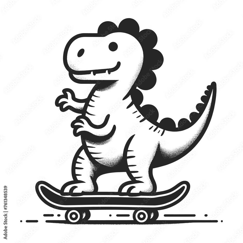 Fototapeta premium Cartoon dinosaur riding skateboard sketch engraving generative ai raster illustration. Scratch board imitation. Black and white image.