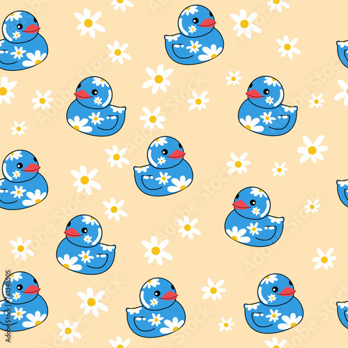 Rubber blue duck and daisies seamless pattern. Vector illustration