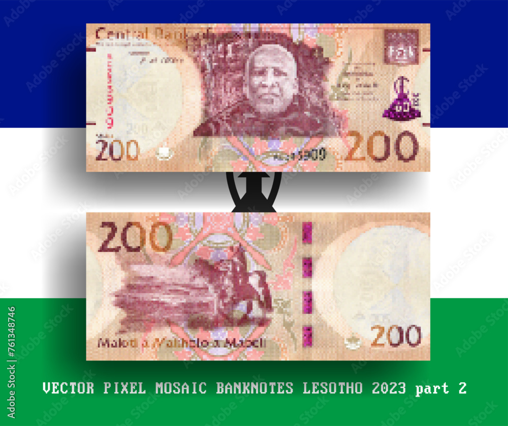 Vector pixel mosaic Lesotho banknote. Note in denomination of 200 maloti 2023. Obverse and reverse. Play money or flyers. Part 2