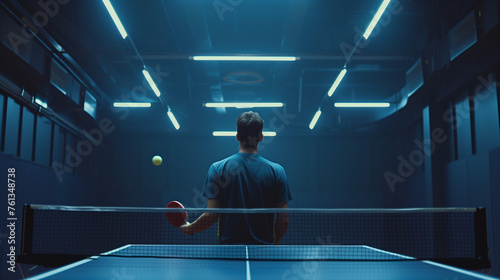 Table tennis player in action, close-up photo. Horizontal banner for ping pong. Photo of a table tennis player for tennis racket packaging design. Image for a box of tennis balls template. photo