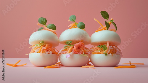 Row of steamed bao buns with vegetable and crab sauce on plain pink background with copy space.