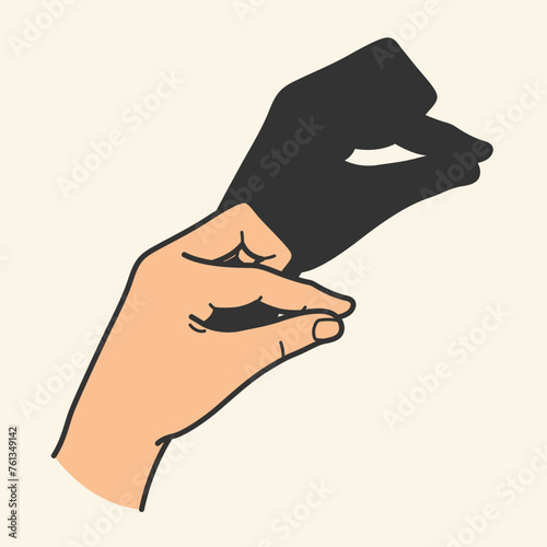 Hands gesture shadow. Gaming animal puppet from hand. Light shade imagination ingenious. Hand play theatrical puppet. Vector cartoon illustration
