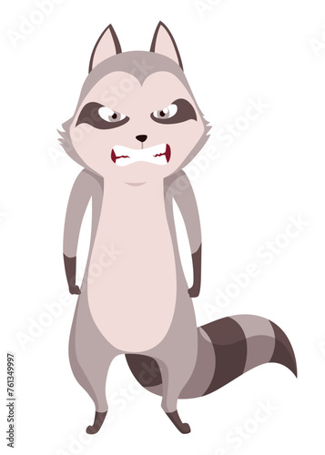 Raccoon character emotion. Funny wild coon pose or cute mammal animal, cartoon vector. Character emoji design isolated on white background