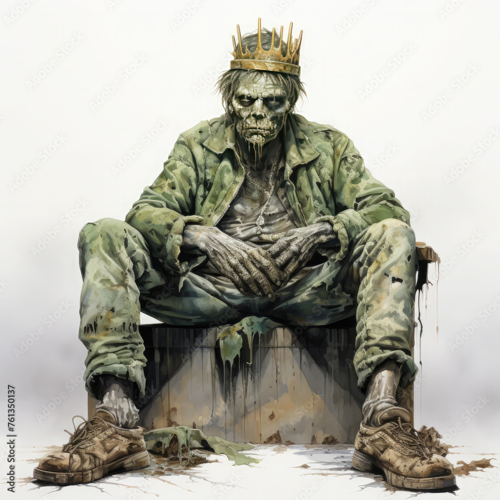 Watercolor zombie king sitting, clipart Illustration, Generative Ai