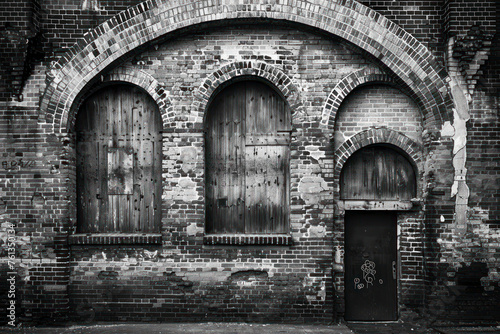 An old textured brick wall with blocked windows and arched doorways in monochrome.