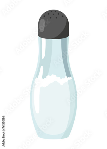 Salt icon. Glass jar, saltcellar with kitchen seasoning, flavoring for sprinkling spicy powder. Ingredient, condiments for food. Vector illustration of spice powder food